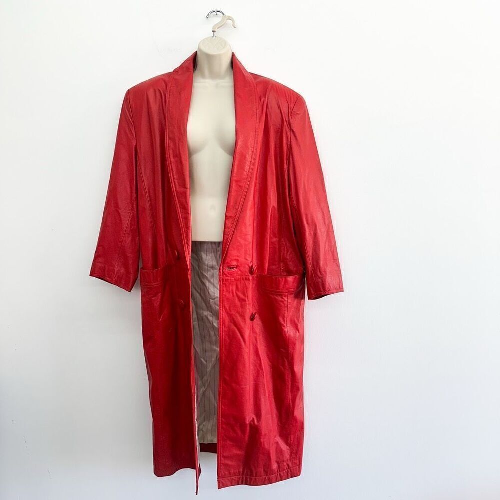 Wilsons Leather Women’s Bright Red Vintage 80s Double Breasted Leather Trench Co - Picture 2 of 16